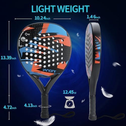 ianoni Padel Racket Carbon Fiber Surface with EVA Memory Flex Foam Core - 8100 Orange Racket + Bag + 3x Pro Padel Balls + Extra grip